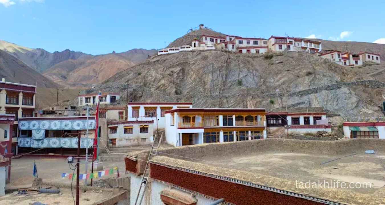 Scenic Indus River valley and traditional homes in Alchi Village Ladakh