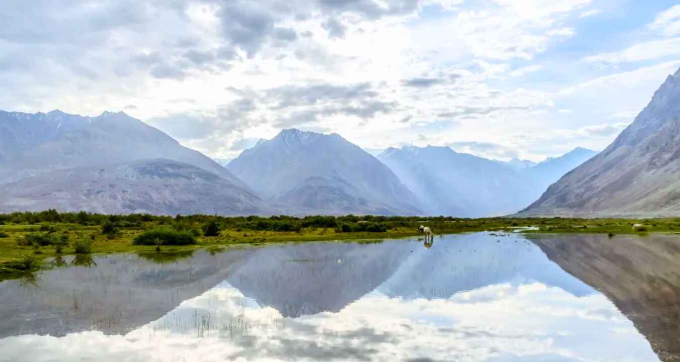 Scenic Shyok River flowing near Hunder Village Nubra Valley Ladakh mountains