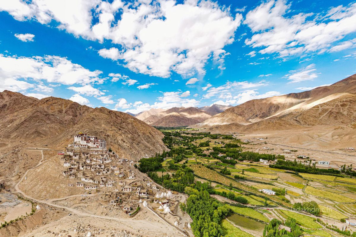 Scenic view of Tso Moriri Lake in Rupshu region surrounded by barren Himalayan mountains