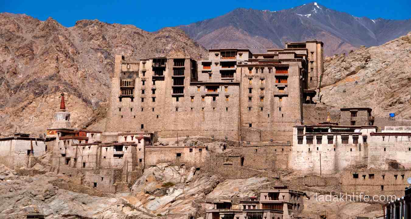 Panoramic view of Leh town and Stok Kangri mountains from Leh Palace Ladakh
