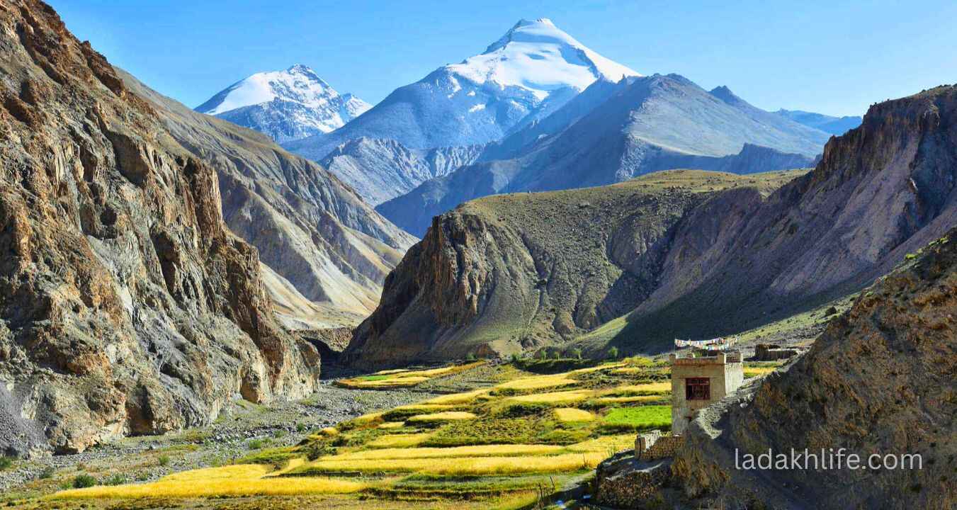 Trekking trail in Markha Valley with Himalayan scenery and villages
