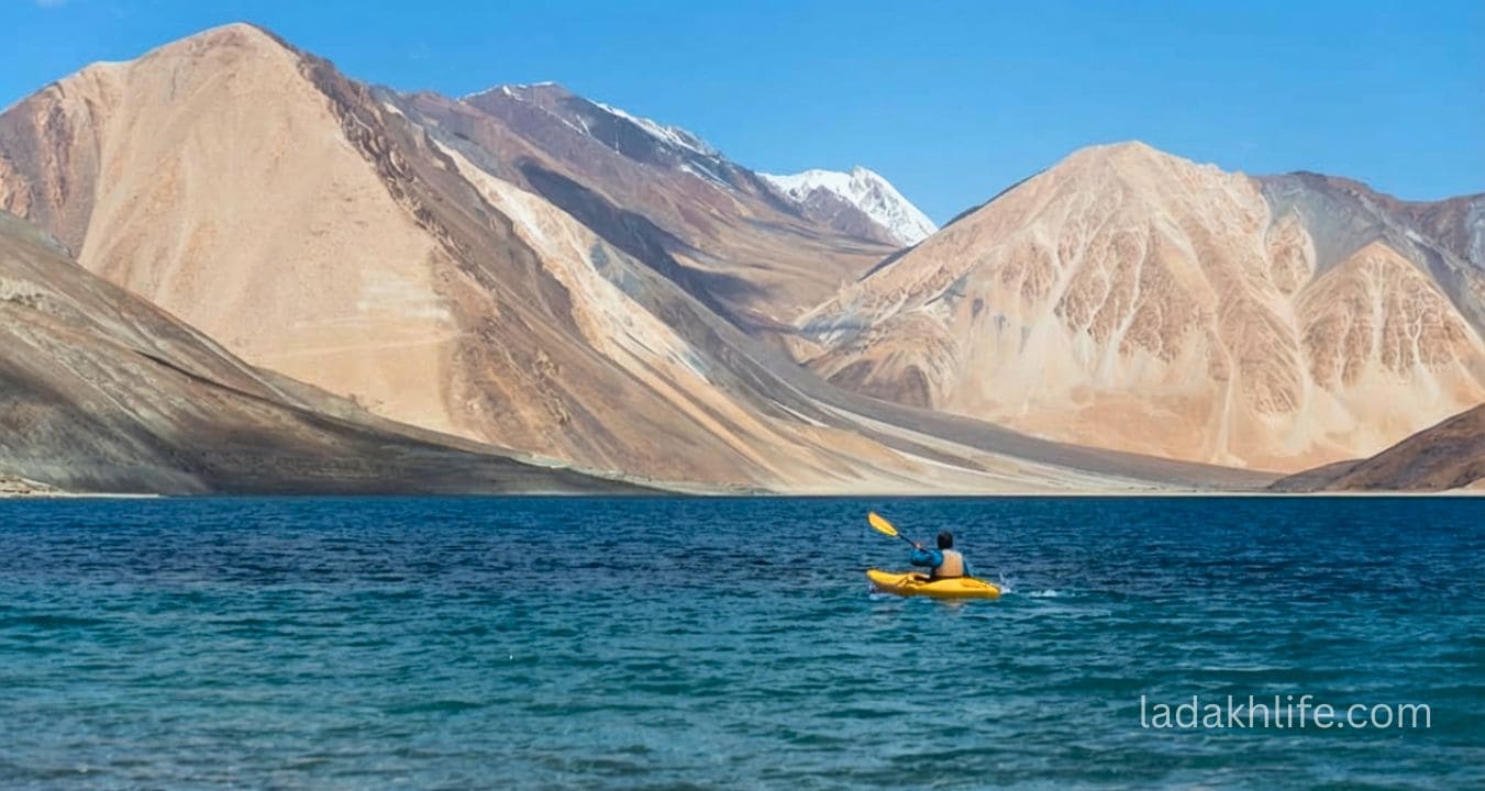 Pangong Lake shoreline with mountains reflection