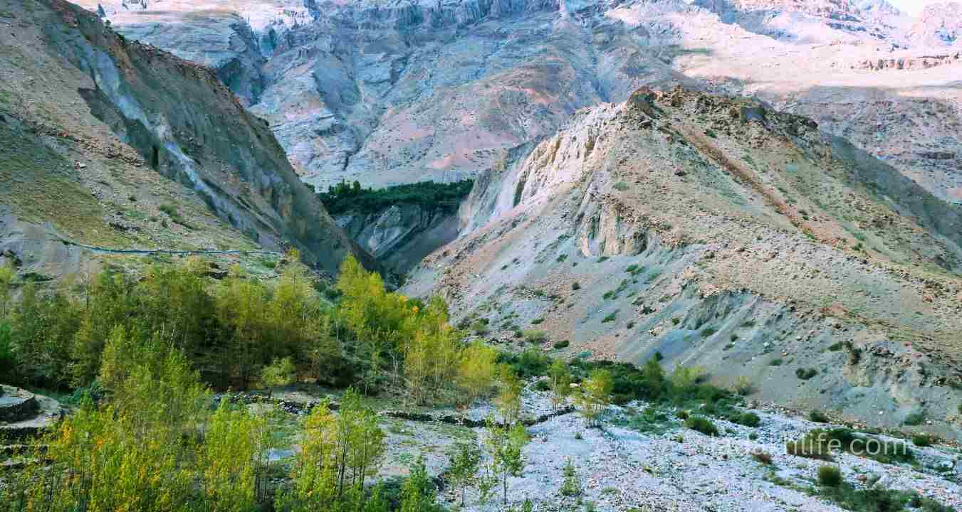 Scenic landscape of Panamik Village in Nubra Valley Ladakh with mountains and greenery