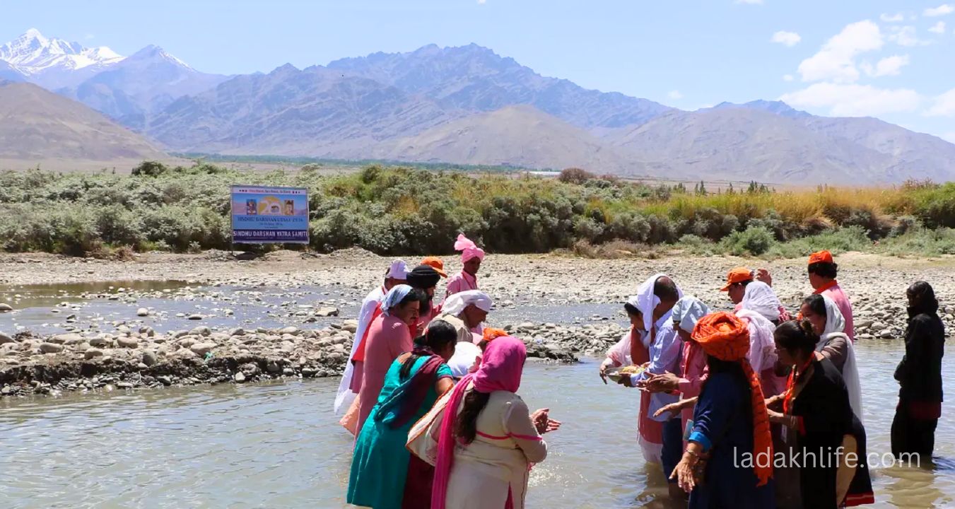 Pilgrims and visitors participating in Sindhu Darshan Yatra at Indus River Leh Ladakh