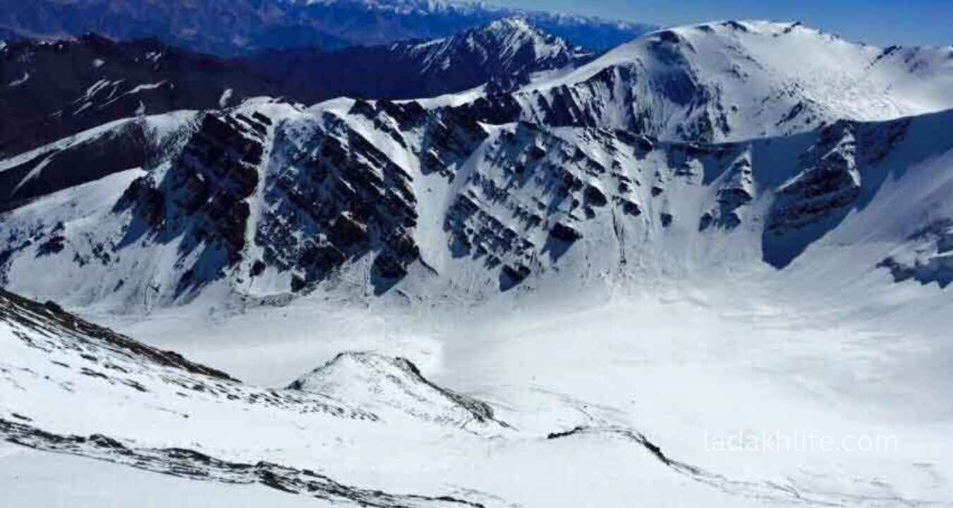 Panoramic view of Shingo La Pass with snow-covered peaks and valleys