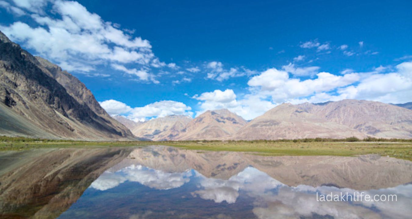 Crystal clear waters of Yarab Tso Lake Ladakh reflecting Himalayan landscape near Sumur